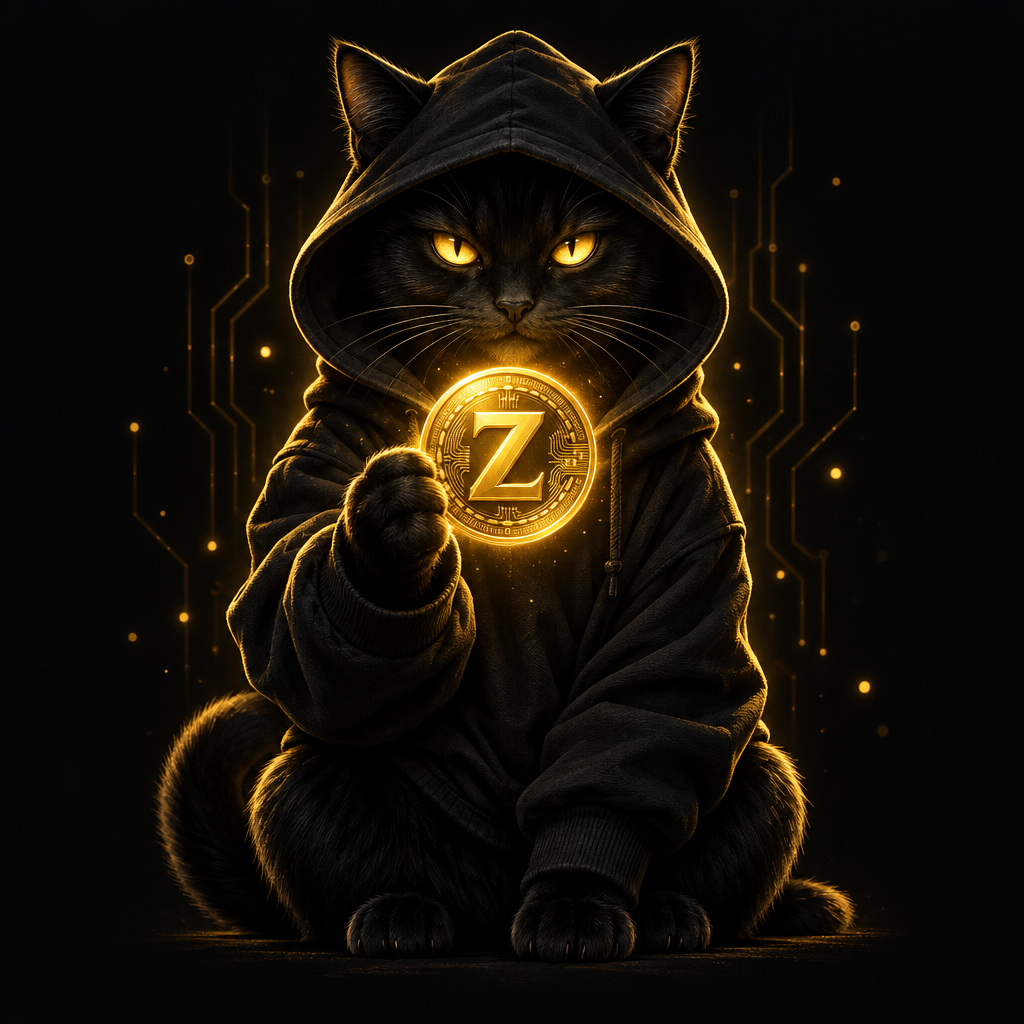 Zec Kitty — black cat mascot in a hoodie holding a glowing gold Z medallion